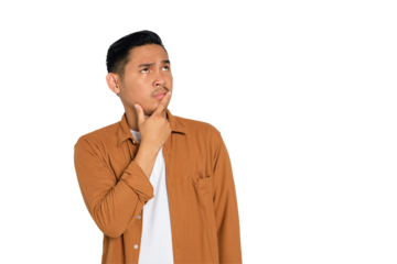 Thoughtful young Asian man in casual shirt touching his chin, looking up, thinking and making decisions isolated on transparent background