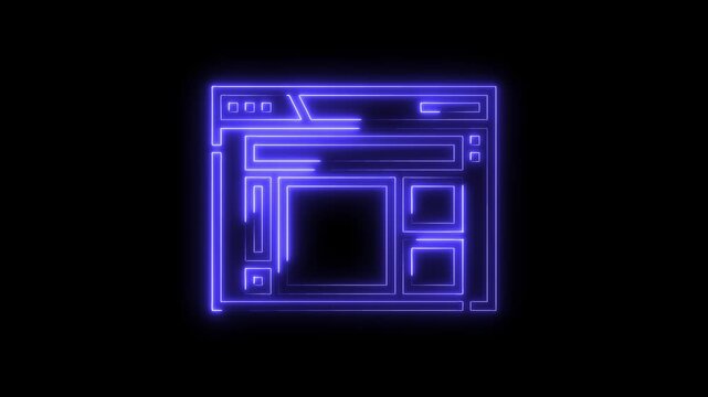 Neon glowing web page interface wireframe on black background for website design animation
