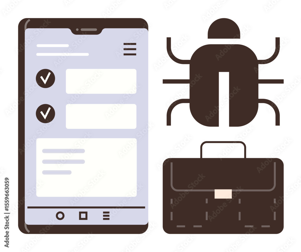 Poster smartphone with checklist interface, bug icon representing software debugging, and briefcase symboli