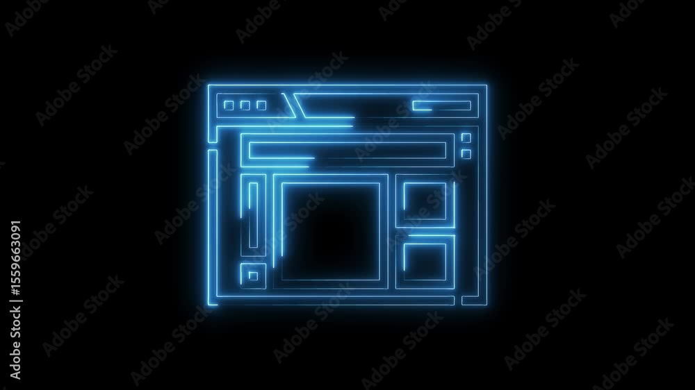 Poster glowing blue neon web browser interface on black background for digital design projects