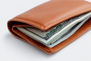 Wallet with cash partially open against seamless white