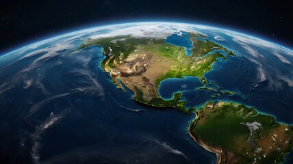 Fototapeta premium A detailed, high-angle view of Earth, showcasing North America and surrounding oceans.