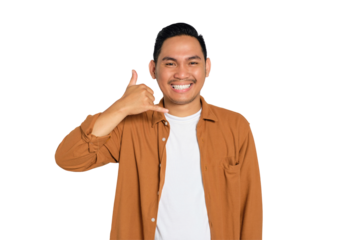 Call me back. Smiling young Asian man in casual shirt making phone gesture with hand isolated on transparent background