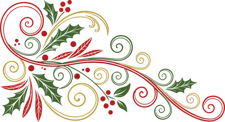 Elegant christmas swirls with holly leaves berries and festive red green gold flourishes on white background