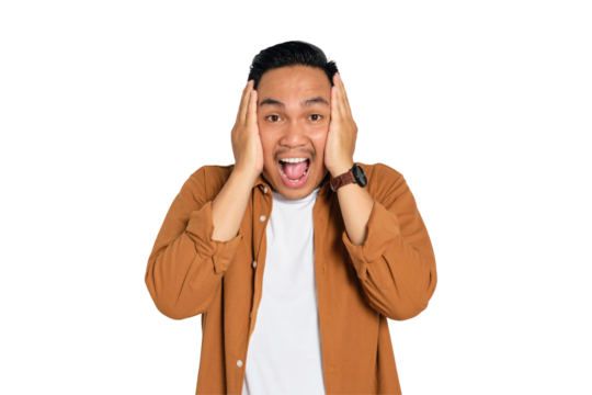 Portrait of surprised young Asian man in casual shirt looking at camera with opened mouth isolated on transparent background - Powered by Adobe