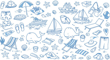 Nautical summer vacation vector illustration: flat hand drawn design for cards and posters
