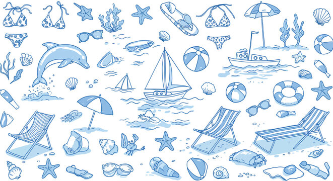 Coastal summer vector illustration - beach theme for print, hand drawn doodle style