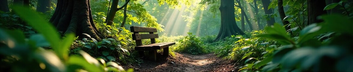 Naklejka premium Serene Rainforest Bench Sunlight Dapples Lush Greenery, Perfect for Relaxation and Tranquility