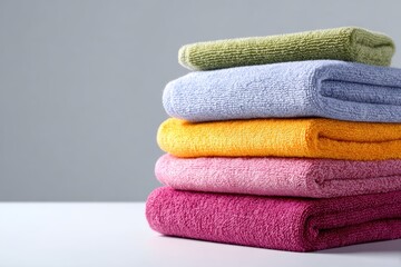 Stack of colorful folded towels neatly placed on white surface