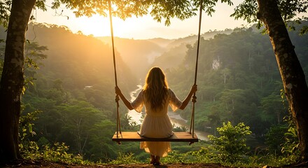 Woman on swing overlooking lush green valley at golden hour with sunlight streaming through trees