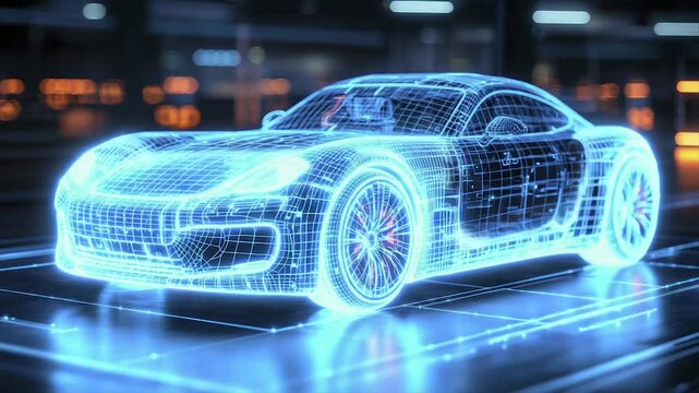 Futuristic wireframe sports car digitally rendered on a glowing platform