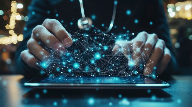 Close-up of hands using a tablet, digital network connection displayed.