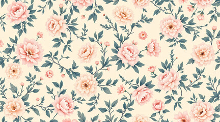 Elegant Peach Peony Floral Pattern with Dark Green Leaves on Cream Background