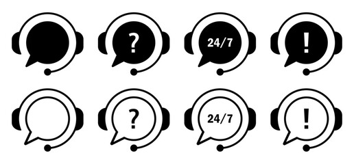 Set of customer support headset icons with speech bubbles, question marks, exclamation points, and 24/7 service text. Perfect for call center, helpdesk, or live chat vector illustrations.