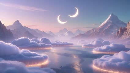 Enchanted Dreamland Twin Moons Over Misty Mountains and Cloud Islands