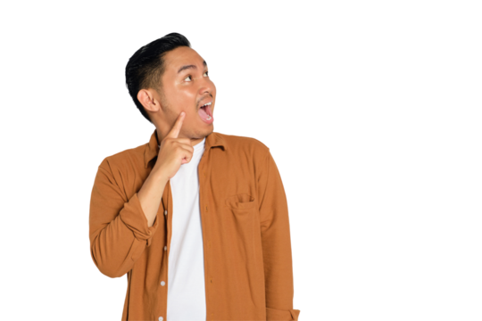 Side view of excited young Asian man in casual shirt finding solution to problem isolated on transparent background