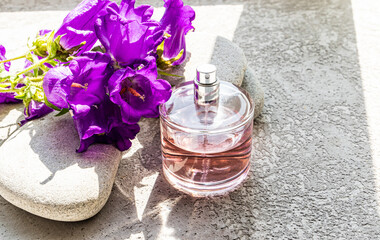 A luxury bottle of women's perfume stands on a gray cement background with round stones and chic purple flowers. sunlight. A copy of the space.