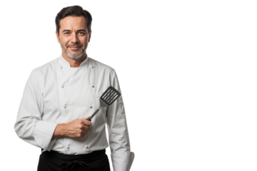 Professional male cook dressed in white chef attire holding a spatula, representing culinary skill and hospitality