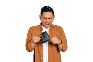 No money. Surprised young Asian man in casual shirt looking at empty wallet, having financial...