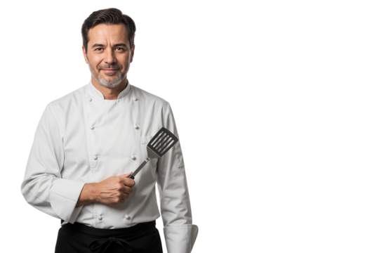 Professional male cook dressed in white chef attire holding a spatula, representing culinary skill and hospitality