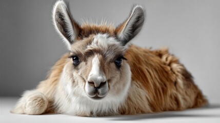 Fototapeta premium A close-up portrait of a llama resting gracefully in a studio setting.