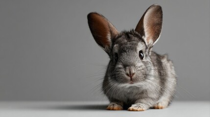 A cute gray rabbit with large ears looking inquisitively at the camera.