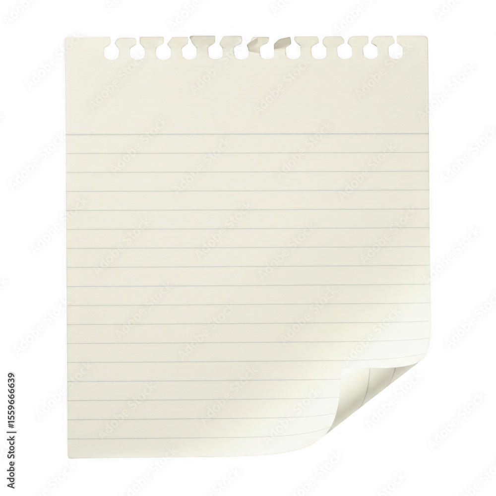 Poster a single sheet of lined paper with torn edges and a curled corner isolated on transparent background