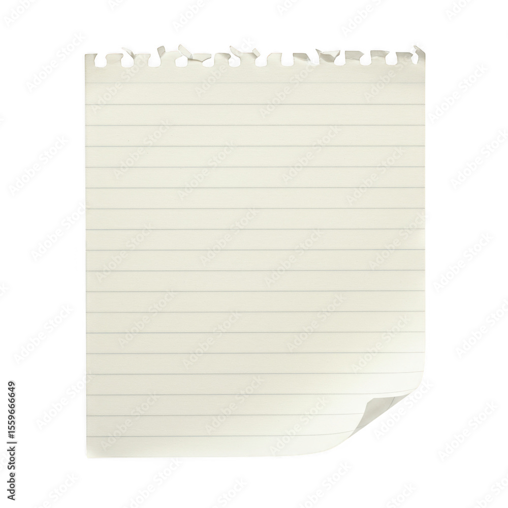 Poster a single torn page from a lined notebook with a curled corner isolated on transparent background