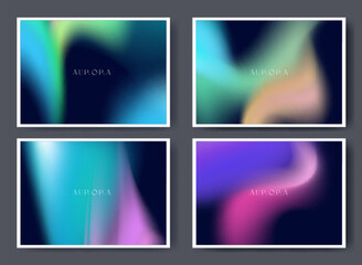 Aurora gradient background set with flowing blue cyan lights - northern lights effect blending turquoise into deep navy and purple, smooth transitions, white frames with color waves for modern poster