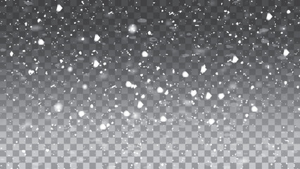 Falling  snow dust isolated on transparent background. Blurred snow particles. Flying glowing white dust. Vector illustration. EPS 10.