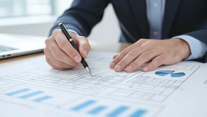 A professional businessman in a suit meticulously reviews financial documents, writing and analyzing data charts with a pen at his office desk, focusing o