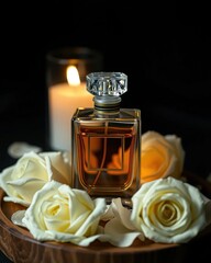 Elegant product image of a square glass perfume bottle with amber liquid