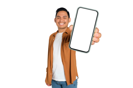 Big win. Excited young Asian man in casual shirt celebrating success with raised fist isolated on transparent background