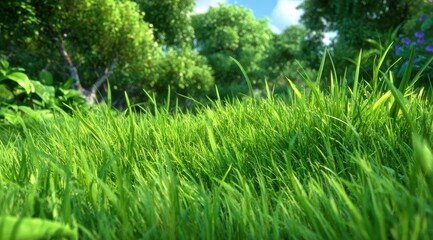 Lush green grass field, trees, and flowers in a vibrant forest scene