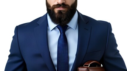 Close-up of a stylish bearded businessman in a formal navy suit and tie. He is isolated on a white background, projecting confidence, success, and modern corporate style.