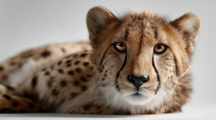 Close-up portrait of a majestic cheetah relaxing in a serene environment.