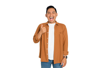 Happy young Asian man in casual shirt showing thumbs up or like isolated on transparent background