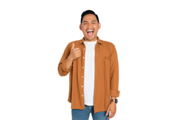 Happy young Asian man in casual shirt showing thumbs up or like isolated on transparent background