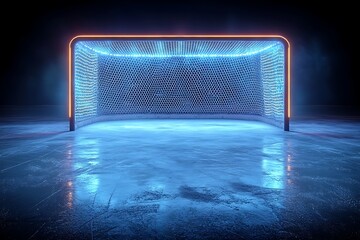 Illuminated hockey goal on ice with blue and orange neon lighting against a dark background