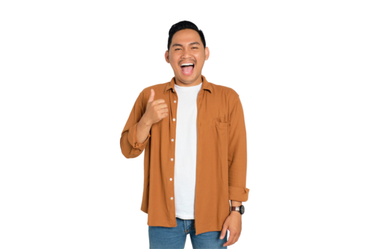 Happy young Asian man in casual shirt showing thumbs up or like isolated on transparent background