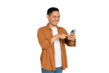 Happy young Asian man in casual shirt using smartphone for messaging with a friend isolated on transparent background