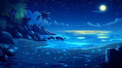 Serene Nighttime Tropical Beach Scene With Bioluminescent Waters