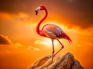 Fototapeta premium Flamingo Standing on Rock at Sunset