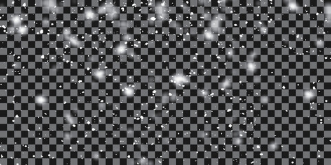 Falling  snow dust isolated on transparent background. Blurred snow particles. Flying glowing white dust. Vector illustration. EPS 10.