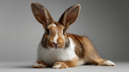 Obraz premium Cute brown bunny resting peacefully on a grey background, showcasing its expressive ears.