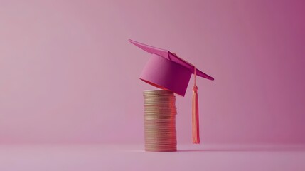Pink graduation cap atop a stack of gold coins against a pink background.