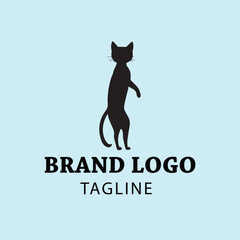 Black cat silhouette logo design standing upright in a minimalist style. Simple logo for a brand or company with a light blue background.