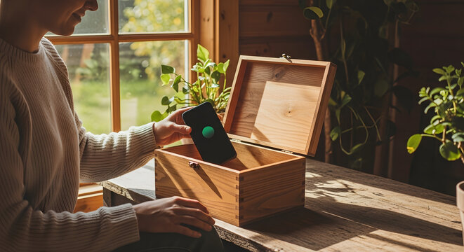 A woman places her smartphone into a wooden box as a concept for a digital detox
