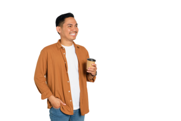 Happy young Asian man in casual shirt holding hot coffee cup isolated on transparent background