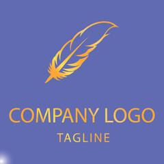 Gold feather logo on a periwinkle blue background. Simple, elegant design for a company or brand. Modern, professional logo with a tagline area for additional branding elements.